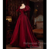 Beautiful Ball Gown Square Neckline Satin Long Red Semi Formal Prom Dress